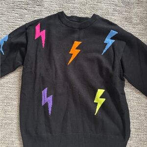 She + Sky Black Crewneck Sweater with Neon Lightning Bolts